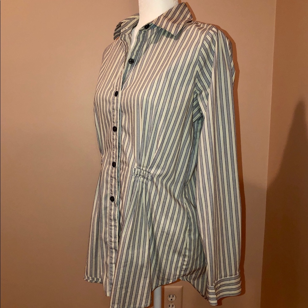 CAbi White and Navy Striped Blouse